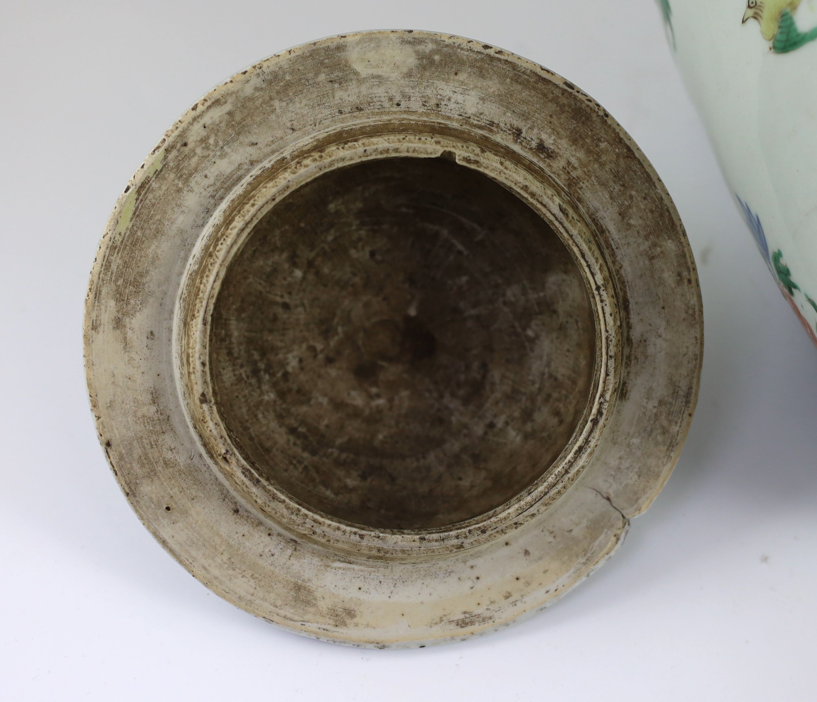 A Chinese transitional wucai jar and cover, c.1650, 36cm high, some damage
